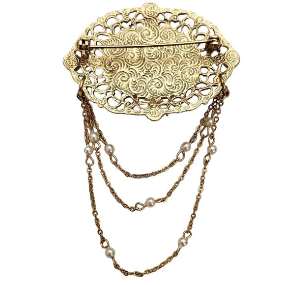 1928 Brand Porcelain Rose Victorian Style Chatelaine Chain Filigree Brooch, L409 - Picture 4 of 8